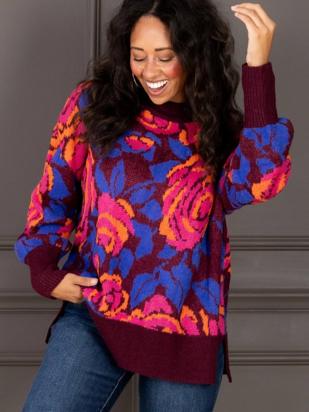 Soft Maroon Floral Sweater by JODIFL - Size L